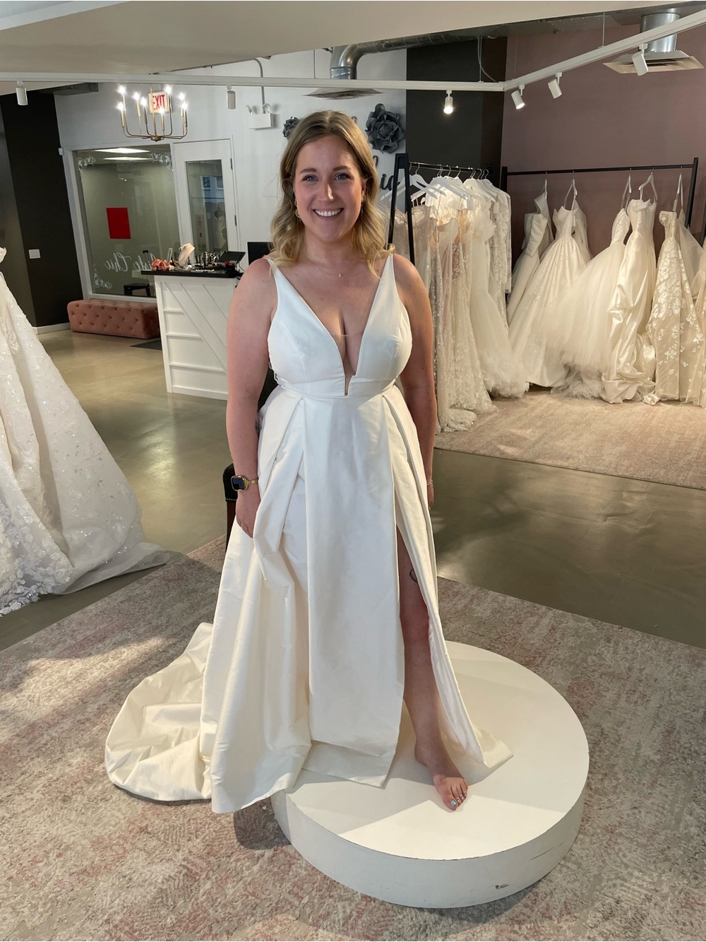 Classic White V-Neck Bridal A-Line Dress with Floral Waist Accent